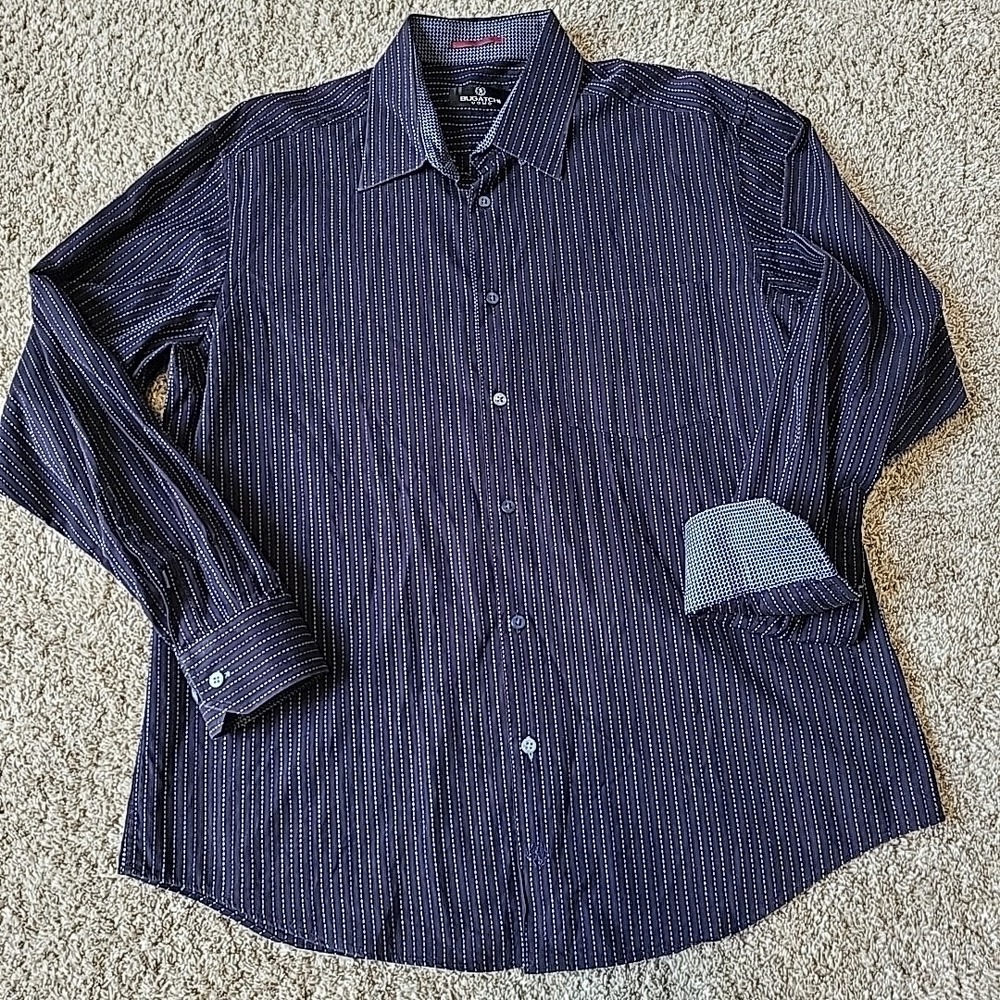 BUGATCHI Shirt Mens XL Blue Striped Classic Fit Button Up 100% Cotton Preppy